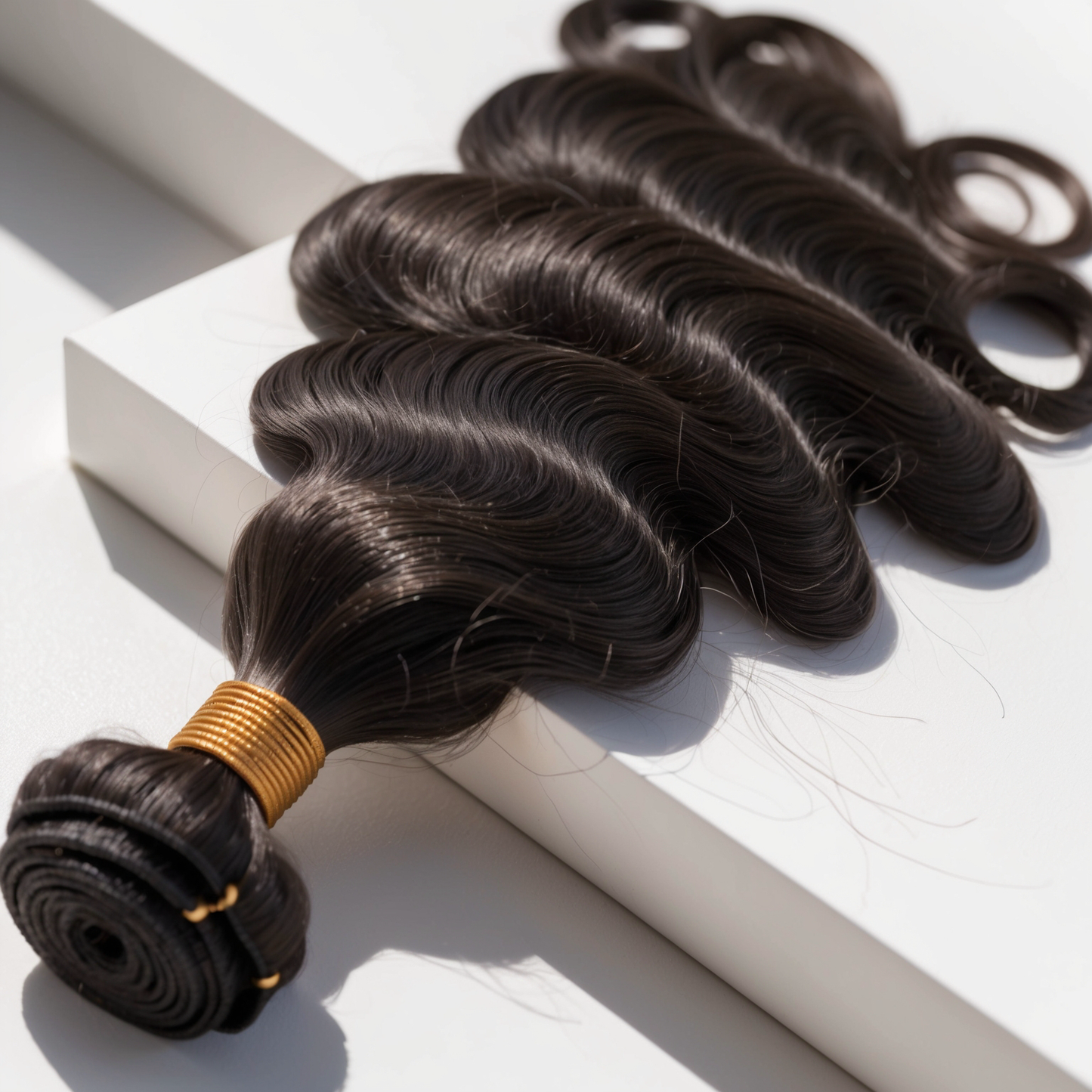 Cambodian raw natural wavy hair extensions, 100% virgin, cuticle-aligned bundles with gold band