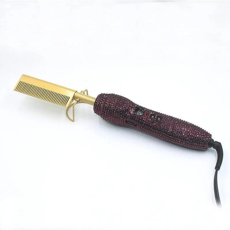 Hairdressing Comb Straight Curl Set With Glass Rhinestone Dual-Purpose Gold Diamond-Set Straight Hair Comb Hair Straightener.