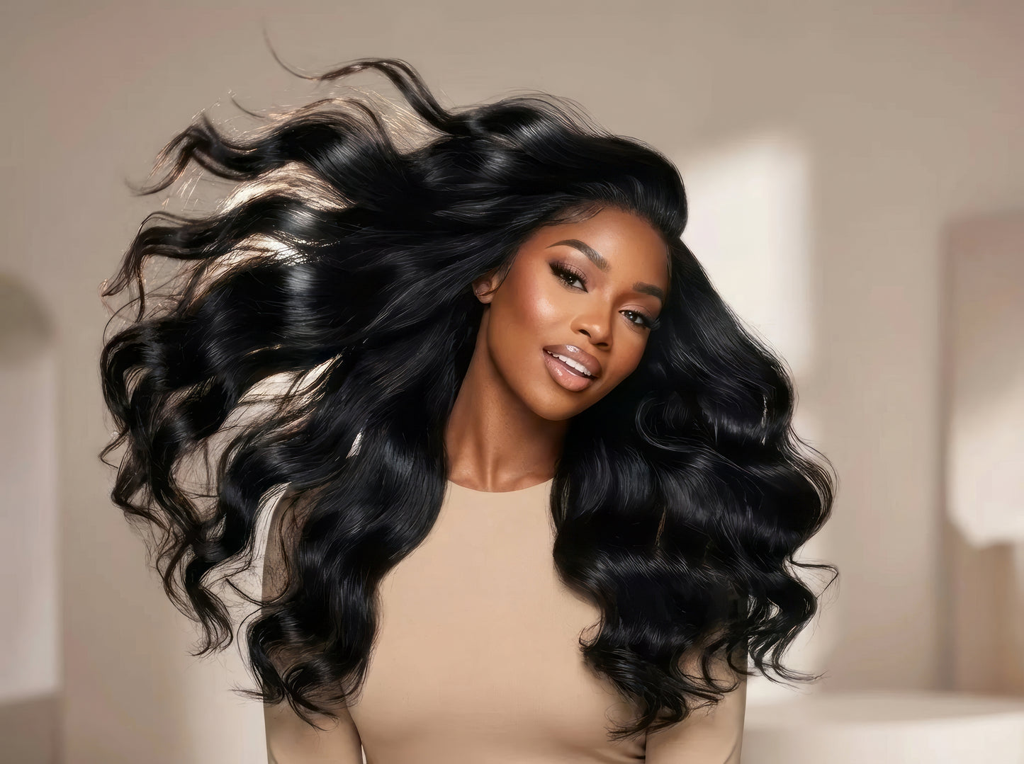 Body wave human hair wig from Celebrity Hair & Beauty with 220% density, showcasing natural waves and full volume.