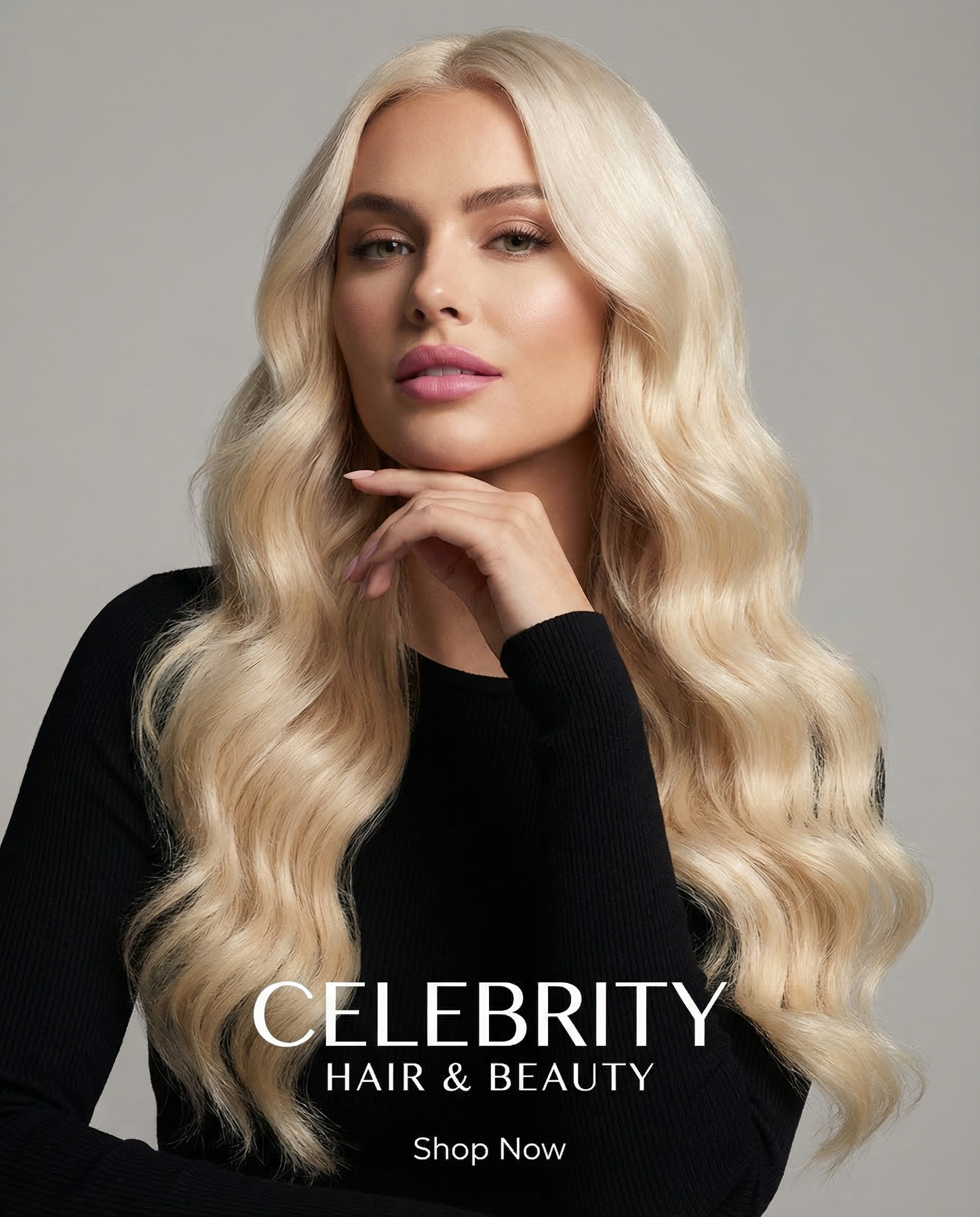 Model with long 613 blonde raw Indian hair body-wave extensions, platinum-blonde hairstyle.