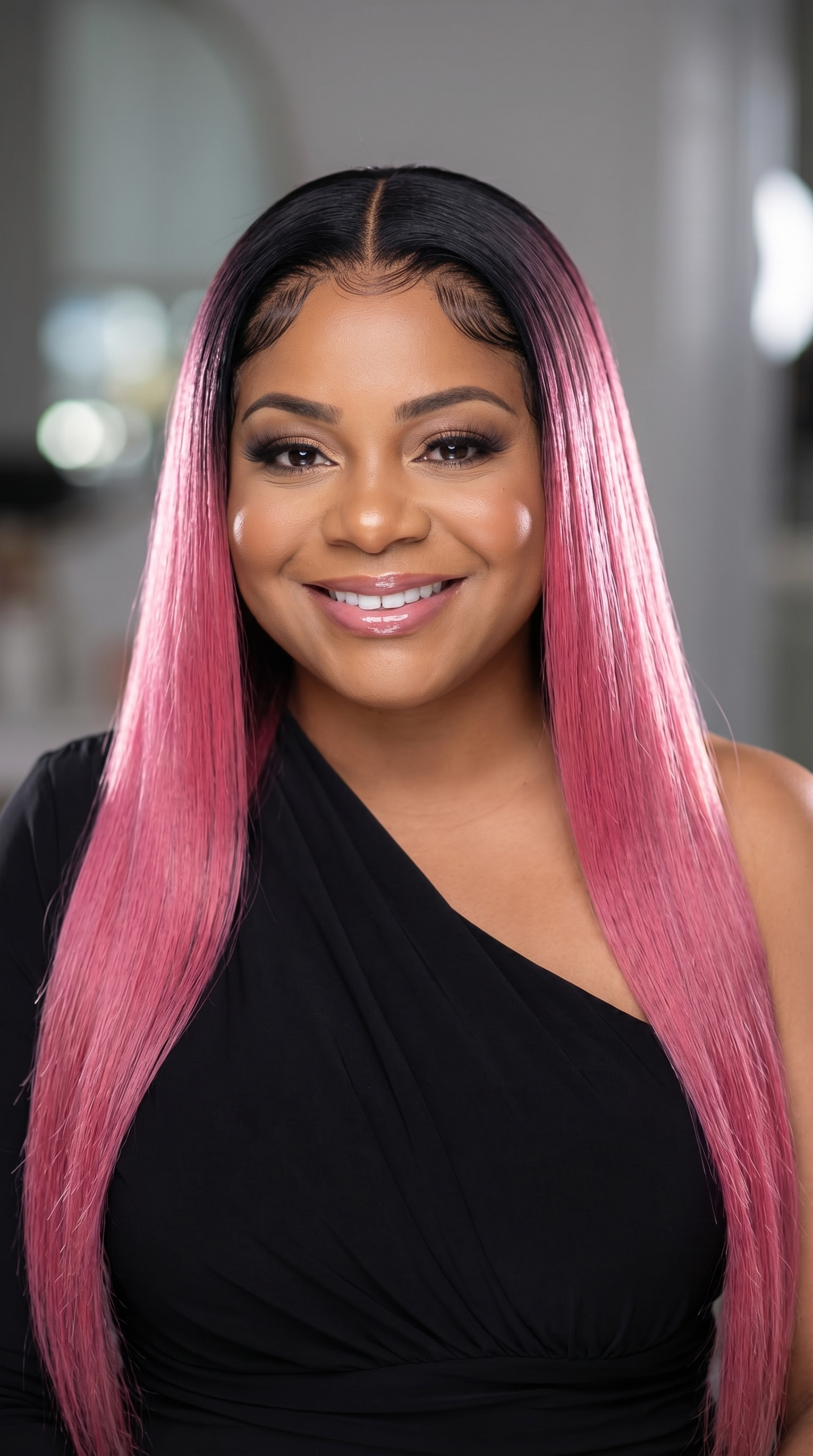 Ombre pink straight wig with 180% density, HD lace, 18 to 40 inches, by Celebrity Hair & Beauty, shown on a mannequin head.