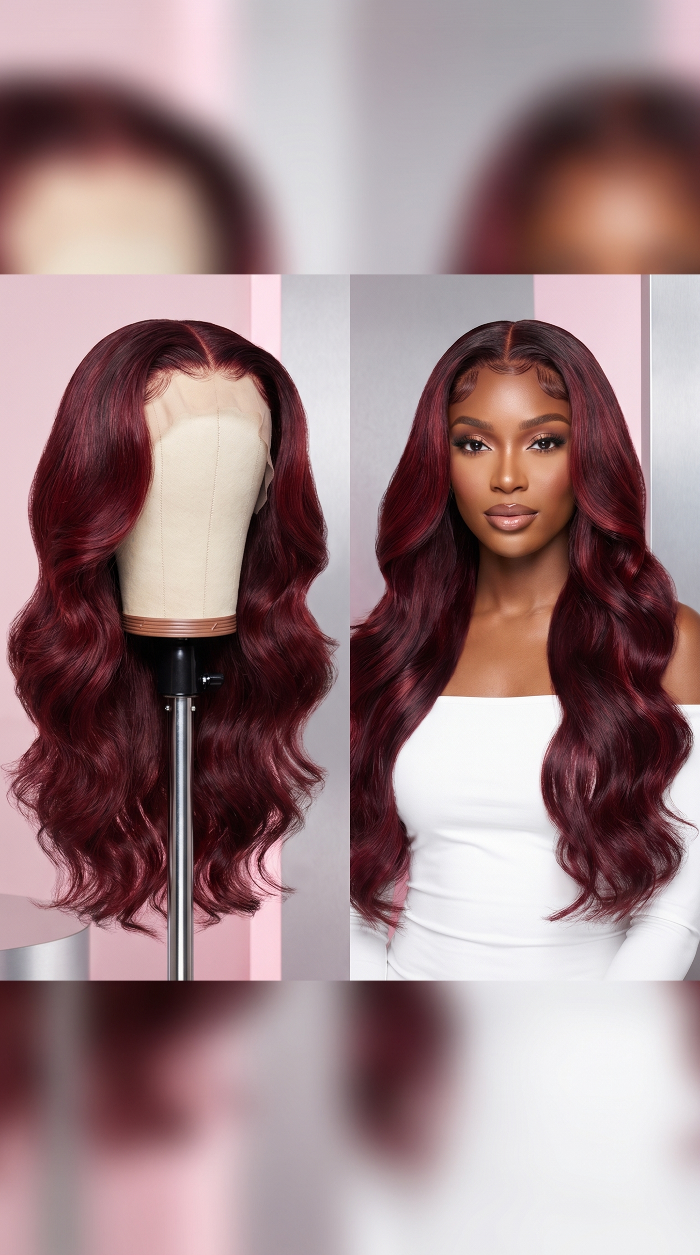 Celebrity Hair & Beauty body wave lace wig with 13x6 HD frontal, burgundy color, 210% density, extension hairstyle.