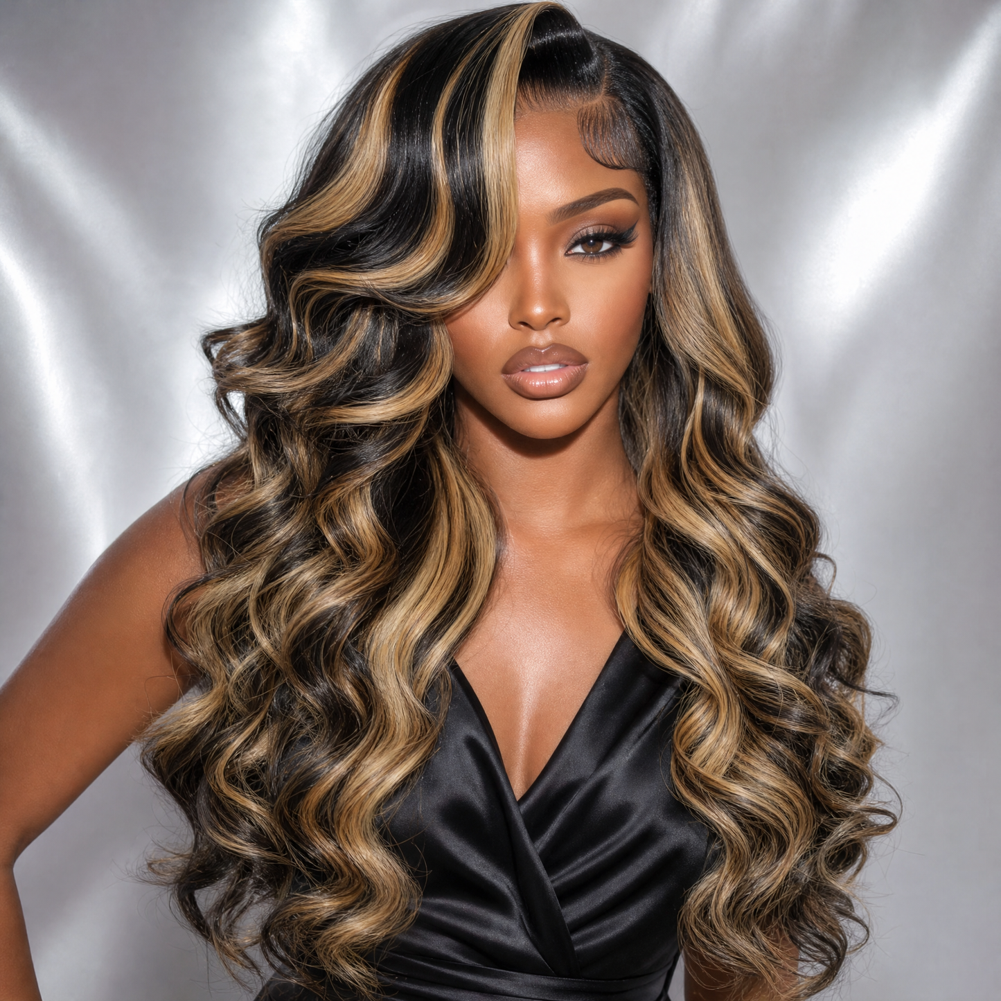 Loose Curl 36" wig, black base with golden blonde highlights, 1b/27, HD lace 13x6 worn by model