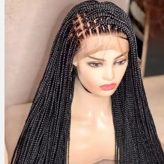 Mannequin head with 32-inch handmade micro cornrow box braided lace-front wig; glueless knotless braids.