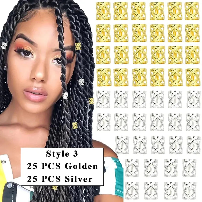8*9mm Golden/Silver Hair Cuffs Loc Rings for Braids, Hair Clips Multi Style Metal Dreadlock Hair Beads Accessories Decoration 25G 25 S Style 3