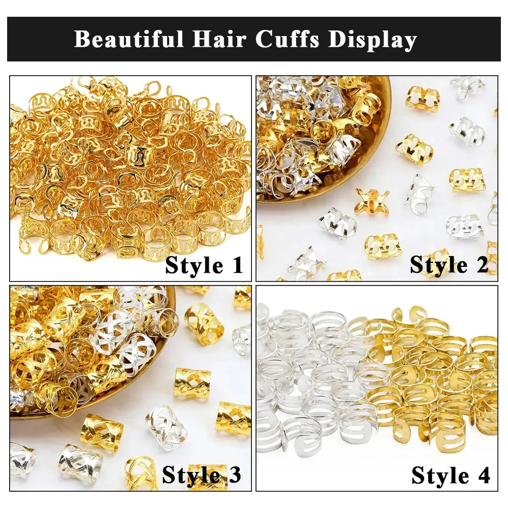 8*9mm Golden/Silver Hair Cuffs Loc Rings for Braids, Hair Clips Multi Style Metal Dreadlock Hair Beads Accessories Decoration