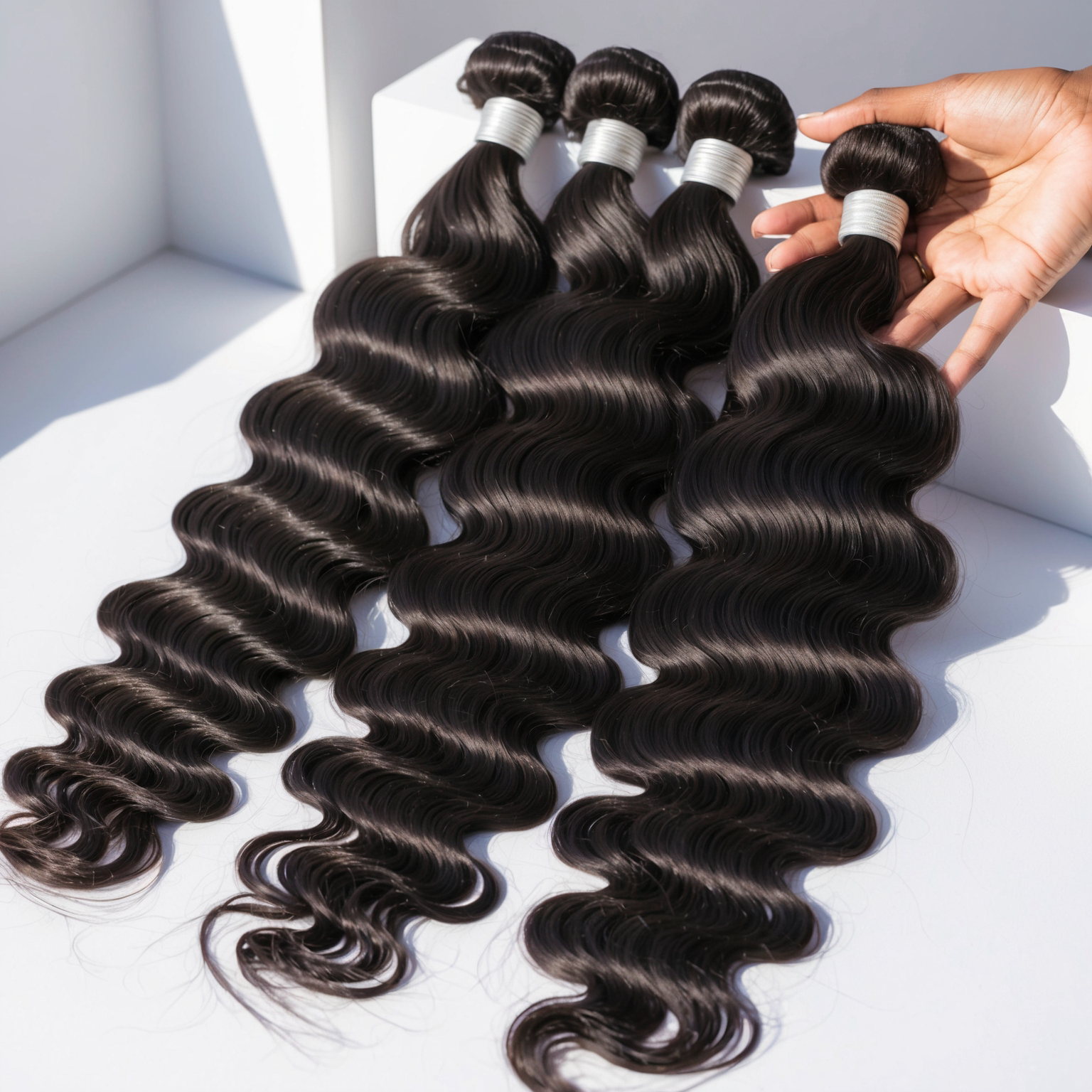 Cambodian raw natural wavy hair extensions — 100% virgin human hair bundles with waves.