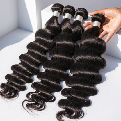 Cambodian raw natural wavy hair extensions — 100% virgin human hair bundles with waves.