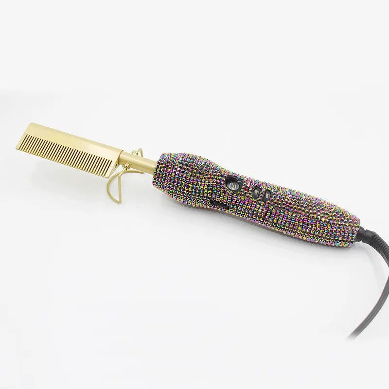 Hairdressing Comb Straight Curl Set With Glass Rhinestone Dual-Purpose Gold Diamond-Set Straight Hair Comb Hair Straightener I