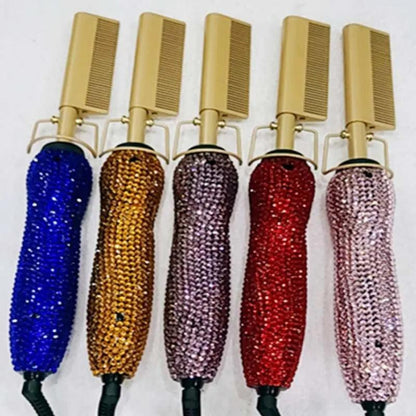 Hairdressing Comb Straight Curl Set With Glass Rhinestone Dual-Purpose Gold Diamond-Set Straight Hair Comb Hair Straightener.