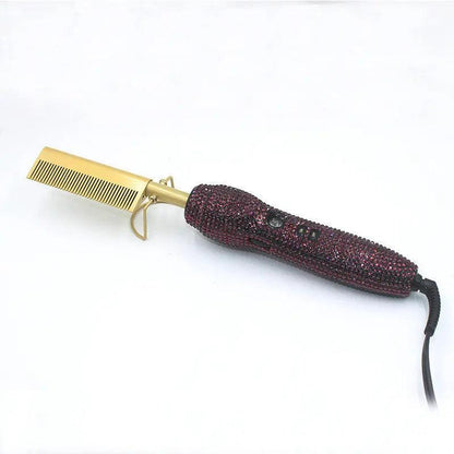 Hairdressing Comb Straight Curl Set With Glass Rhinestone Dual-Purpose Gold Diamond-Set Straight Hair Comb Hair Straightener.