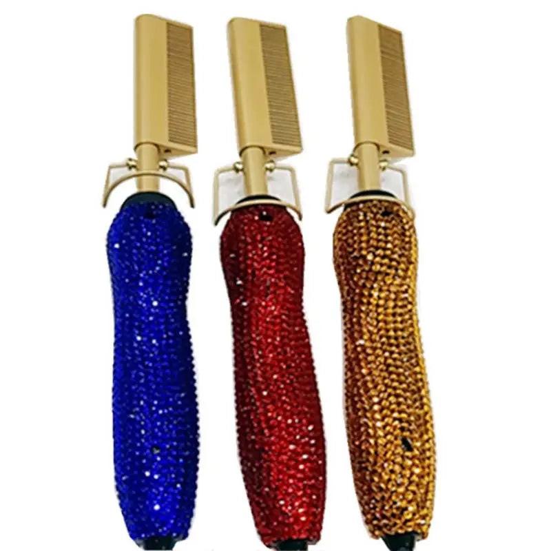 Hairdressing Comb Straight Curl Set With Glass Rhinestone Dual-Purpose Gold Diamond-Set Straight Hair Comb Hair Straightener.