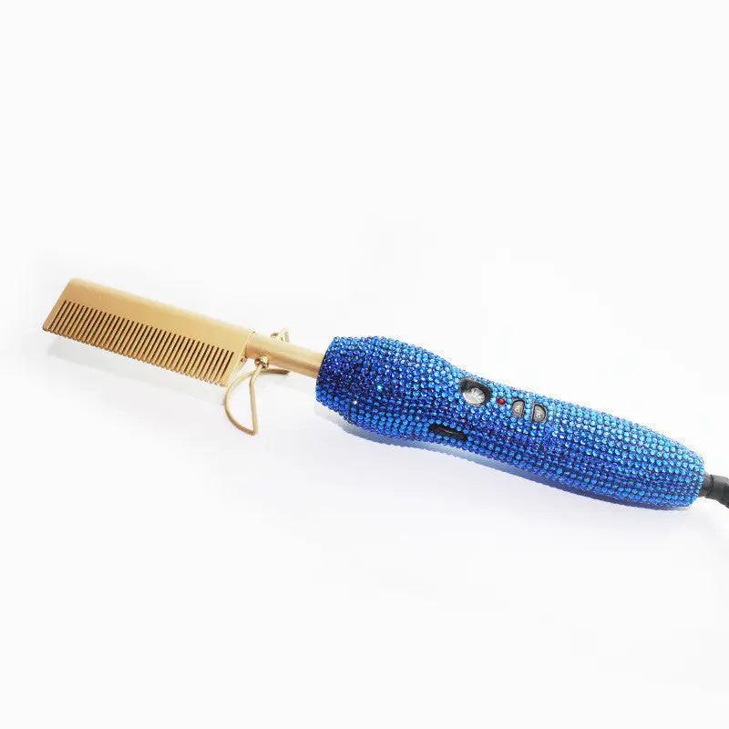 Hairdressing Comb Straight Curl Set With Glass Rhinestone Dual-Purpose Gold Diamond-Set Straight Hair Comb Hair Straightener.