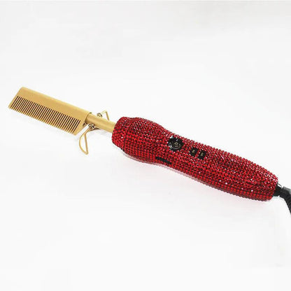 Hairdressing Comb Straight Curl Set With Glass Rhinestone Dual-Purpose Gold Diamond-Set Straight Hair Comb Hair Straightener.