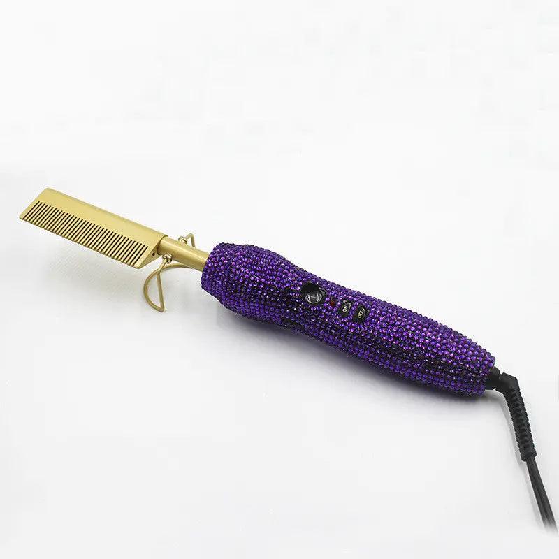 Hairdressing Comb Straight Curl Set With Glass Rhinestone Dual-Purpose Gold Diamond-Set Straight Hair Comb Hair Straightener.