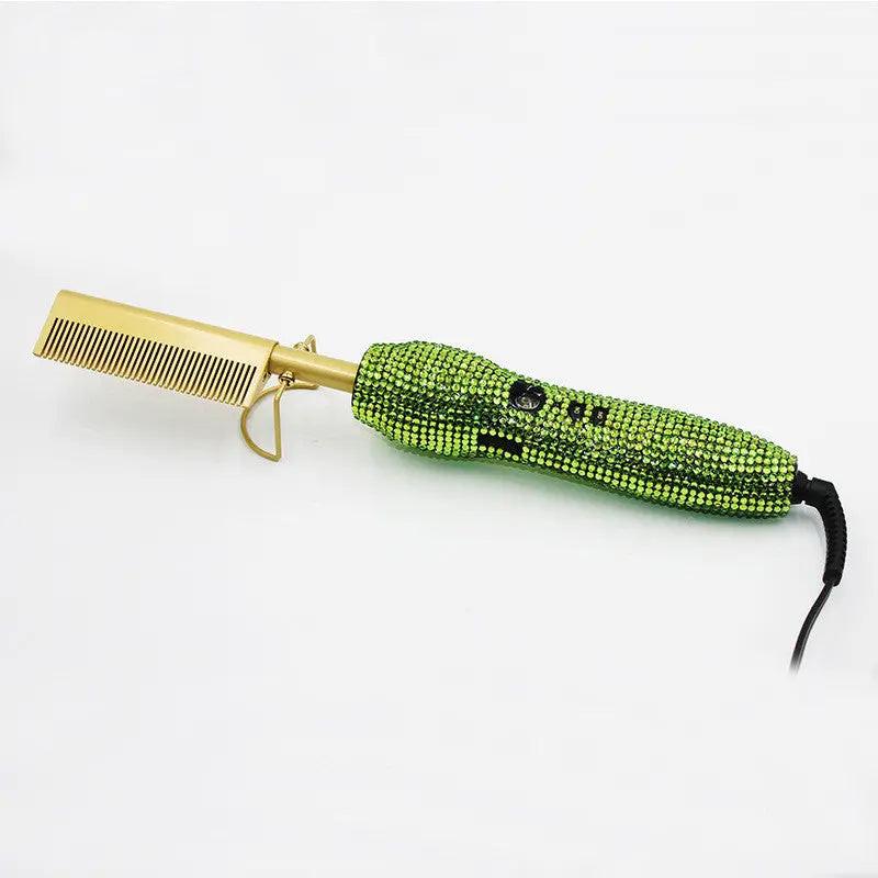 Hairdressing Comb Straight Curl Set With Glass Rhinestone Dual-Purpose Gold Diamond-Set Straight Hair Comb Hair Straightener.