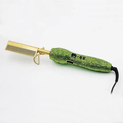 Hairdressing Comb Straight Curl Set With Glass Rhinestone Dual-Purpose Gold Diamond-Set Straight Hair Comb Hair Straightener.