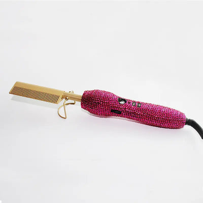 Hairdressing Comb Straight Curl Set With Glass Rhinestone Dual-Purpose Gold Diamond-Set Straight Hair Comb Hair Straightener E