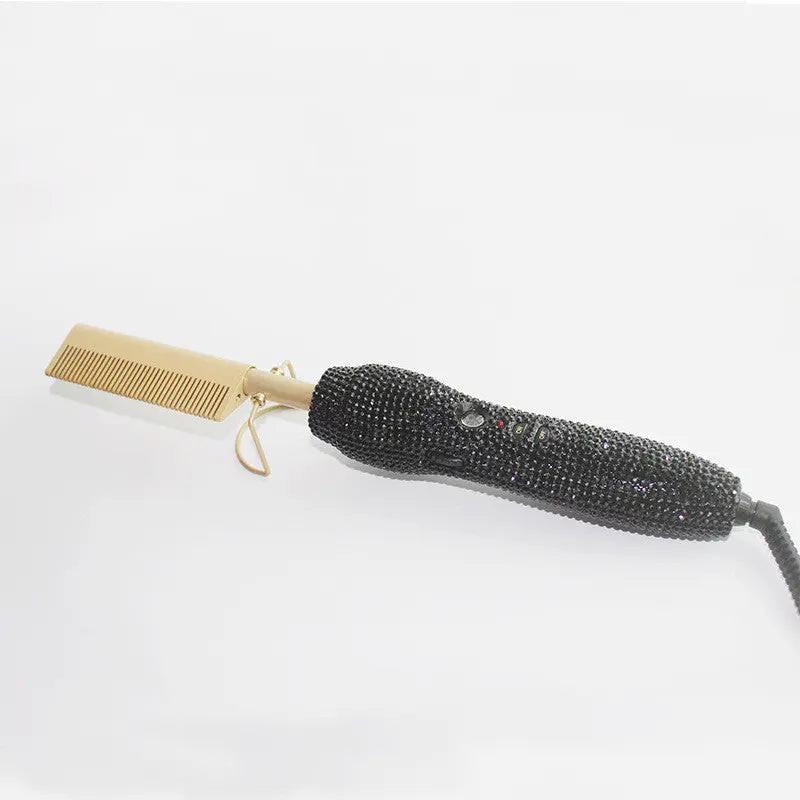 Hairdressing Comb Straight Curl Set With Glass Rhinestone Dual-Purpose Gold Diamond-Set Straight Hair Comb Hair Straightener.