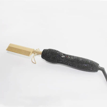 Hairdressing Comb Straight Curl Set With Glass Rhinestone Dual-Purpose Gold Diamond-Set Straight Hair Comb Hair Straightener.