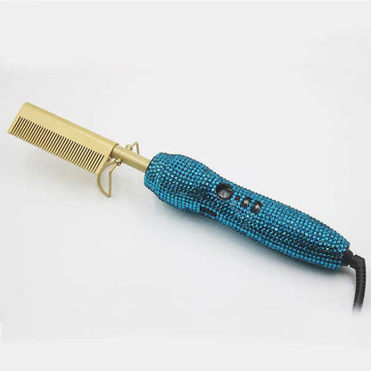 Hairdressing Comb Straight Curl Set With Glass Rhinestone Dual-Purpose Gold Diamond-Set Straight Hair Comb Hair Straightener.
