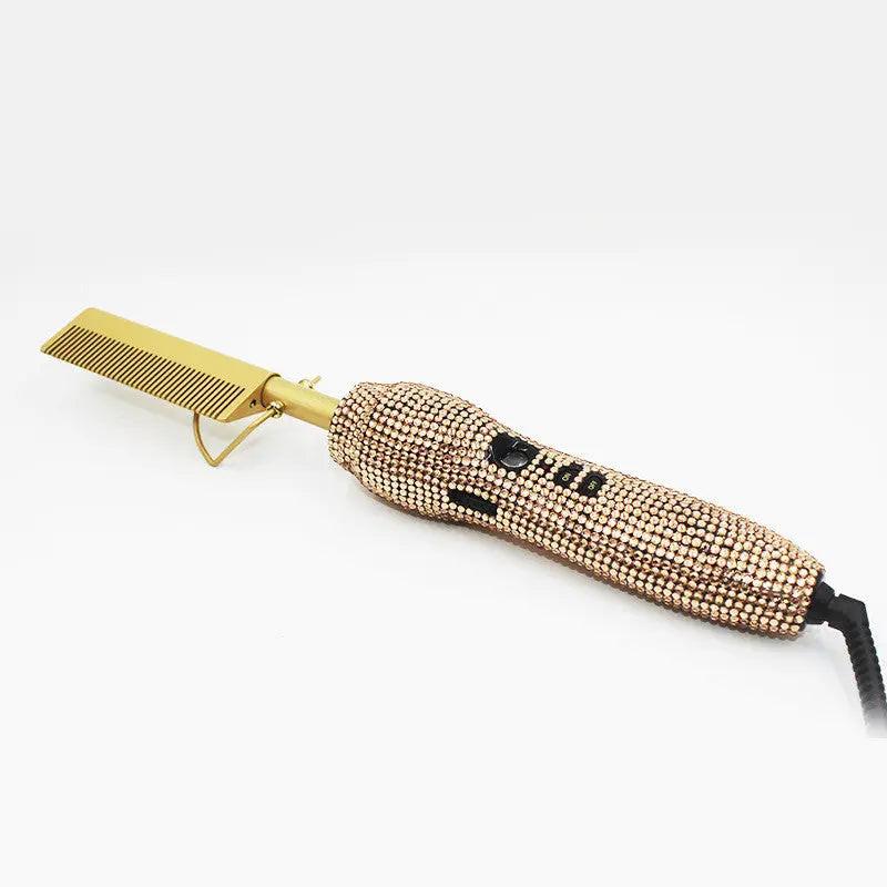 Hairdressing Comb Straight Curl Set With Glass Rhinestone Dual-Purpose Gold Diamond-Set Straight Hair Comb Hair Straightener.