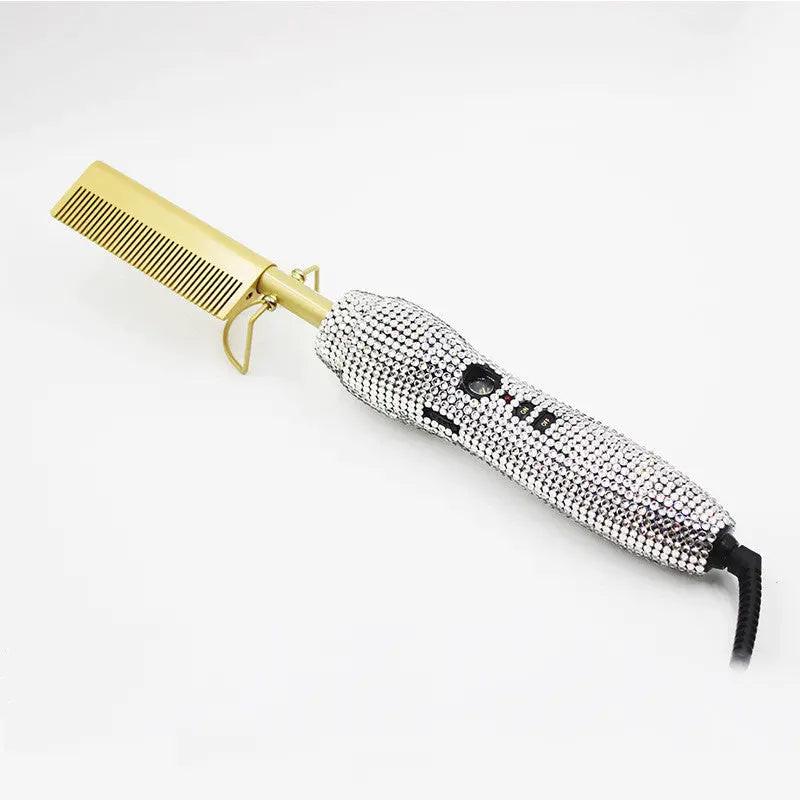 Hairdressing Comb Straight Curl Set With Glass Rhinestone Dual-Purpose Gold Diamond-Set Straight Hair Comb Hair Straightener.