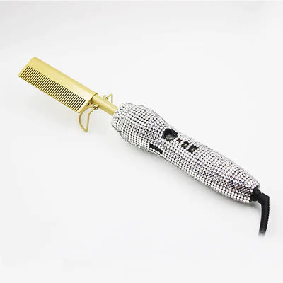 Hairdressing Comb Straight Curl Set With Glass Rhinestone Dual-Purpose Gold Diamond-Set Straight Hair Comb Hair Straightener G
