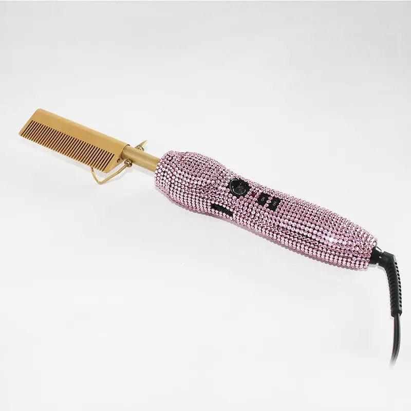 Hairdressing Comb Straight Curl Set With Glass Rhinestone Dual-Purpose Gold Diamond-Set Straight Hair Comb Hair Straightener.