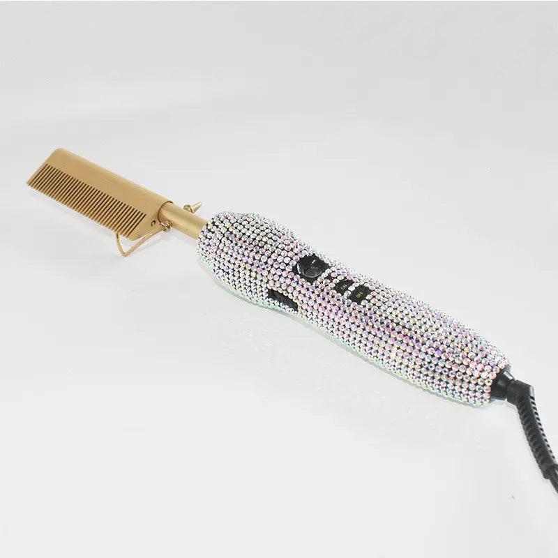 Hairdressing Comb Straight Curl Set With Glass Rhinestone Dual-Purpose Gold Diamond-Set Straight Hair Comb Hair Straightener.