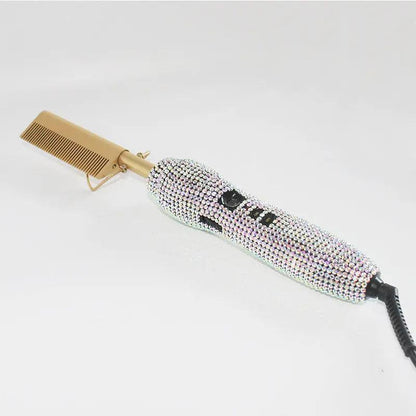 Hairdressing Comb Straight Curl Set With Glass Rhinestone Dual-Purpose Gold Diamond-Set Straight Hair Comb Hair Straightener.