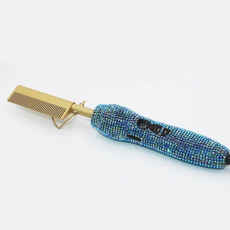 Hairdressing Comb Straight Curl Set With Glass Rhinestone Dual-Purpose Gold Diamond-Set Straight Hair Comb Hair Straightener.