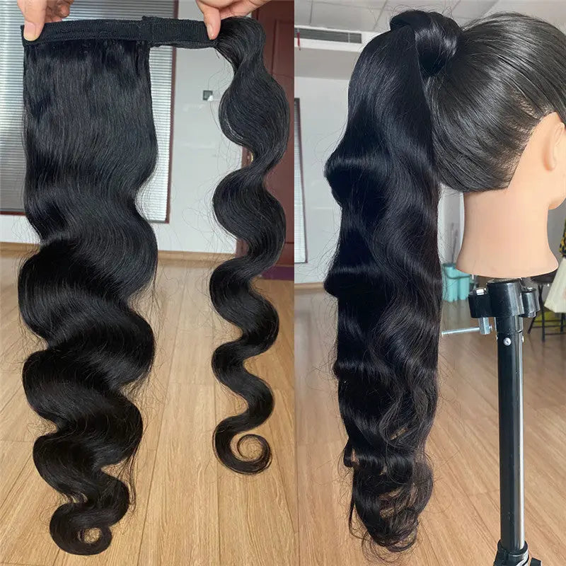 Body Wave Human Hair Ponytail Bandage Bundled Style from Wig Jurchen, perfect for a natural, elegant hairstyle.