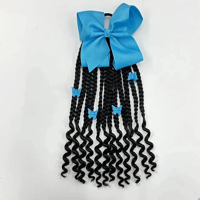 Kids Braided Ponytail with Beads and Bow Kids Hair Extension Ponytail with Curly End for Girls Black Girl Hair Accessories Blue One Size