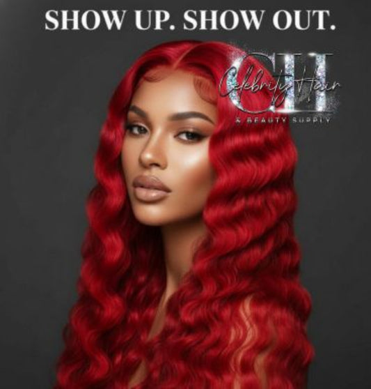 Red Deep Wave Human Hair Wig 28 Inch 13x4 Transparent Lace Front.