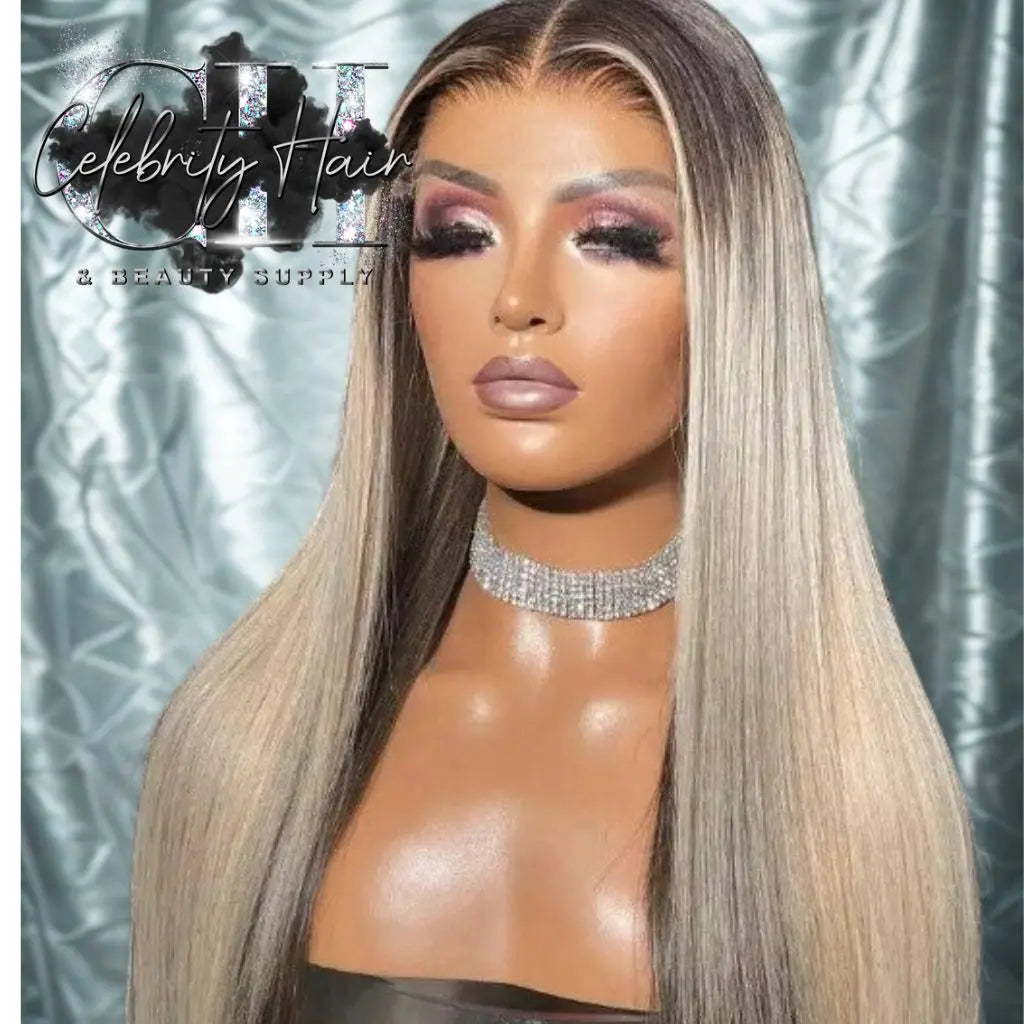 Charming Ash Blonde Wavy Lace Front Wig With Dark Roots 30 Inch