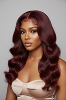 Model wearing burgundy 24-inch 5x5 lace-closure wig with 250 density and voluminous waves