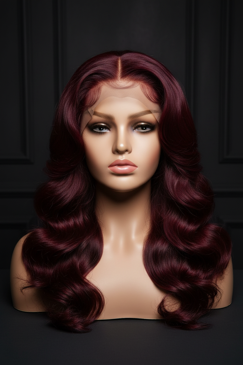 Burgundy 24-inch 5x5 lace closure wig, 250 density, voluminous waves on mannequin head