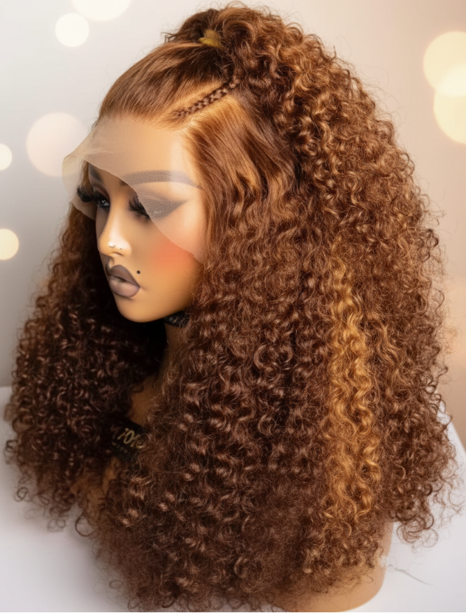 Kinky curly raw human hair wig in burgundy 99J honey blonde with highlights, 250% density.