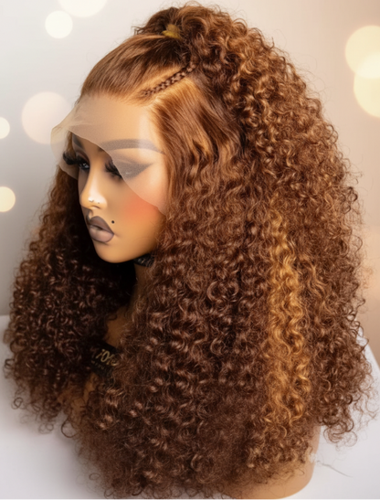 Kinky curly raw human hair wig in burgundy 99J honey blonde with highlights, 250% density.
