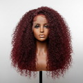 250% density kinky curly raw human hair wig in burgundy 99J on a mannequin head