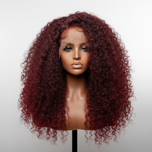 250% density kinky curly raw human hair wig in burgundy 99J on a mannequin head