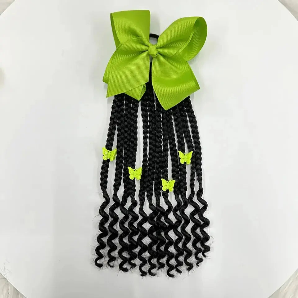 Kids Braided Ponytail with Beads and Bow Kids Hair Extension Ponytail with Curly End for Girls Black Girl Hair Accessories Green One Size