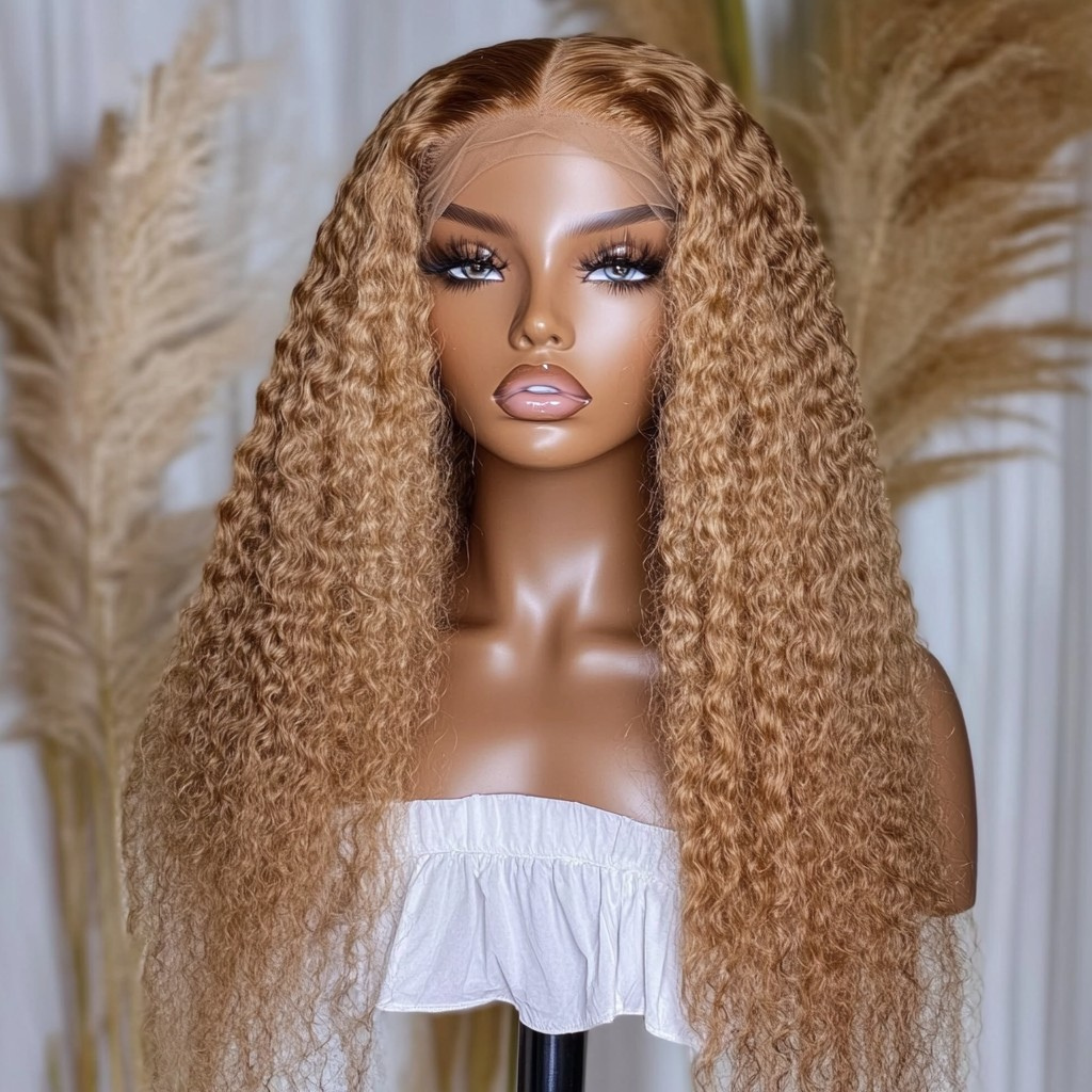 Celebrity Hair & Beauty Bee Hive Honey Blonde #27 Kinky Curly 6x6 Glueless Precut 22-inch hair extension laid flat