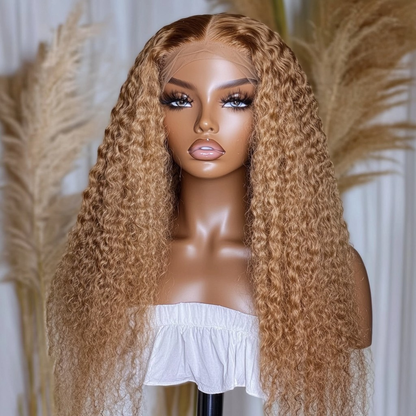 Celebrity Hair & Beauty Bee Hive Honey Blonde #27 Kinky Curly 6x6 Glueless Precut 22-inch hair extension laid flat