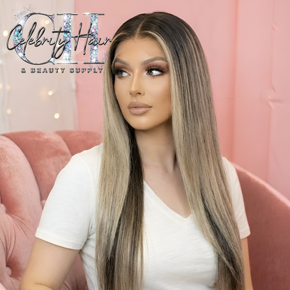 Ash Blonde Wig Lace Front With Dark Roots 30 Inch.