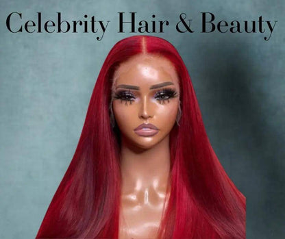 Red Pre Plucked Straight Brazilian Frontal Closure Wigs.