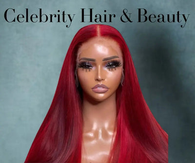 Red pre-plucked straight Brazilian hair frontal lace closure wig on a mannequin head