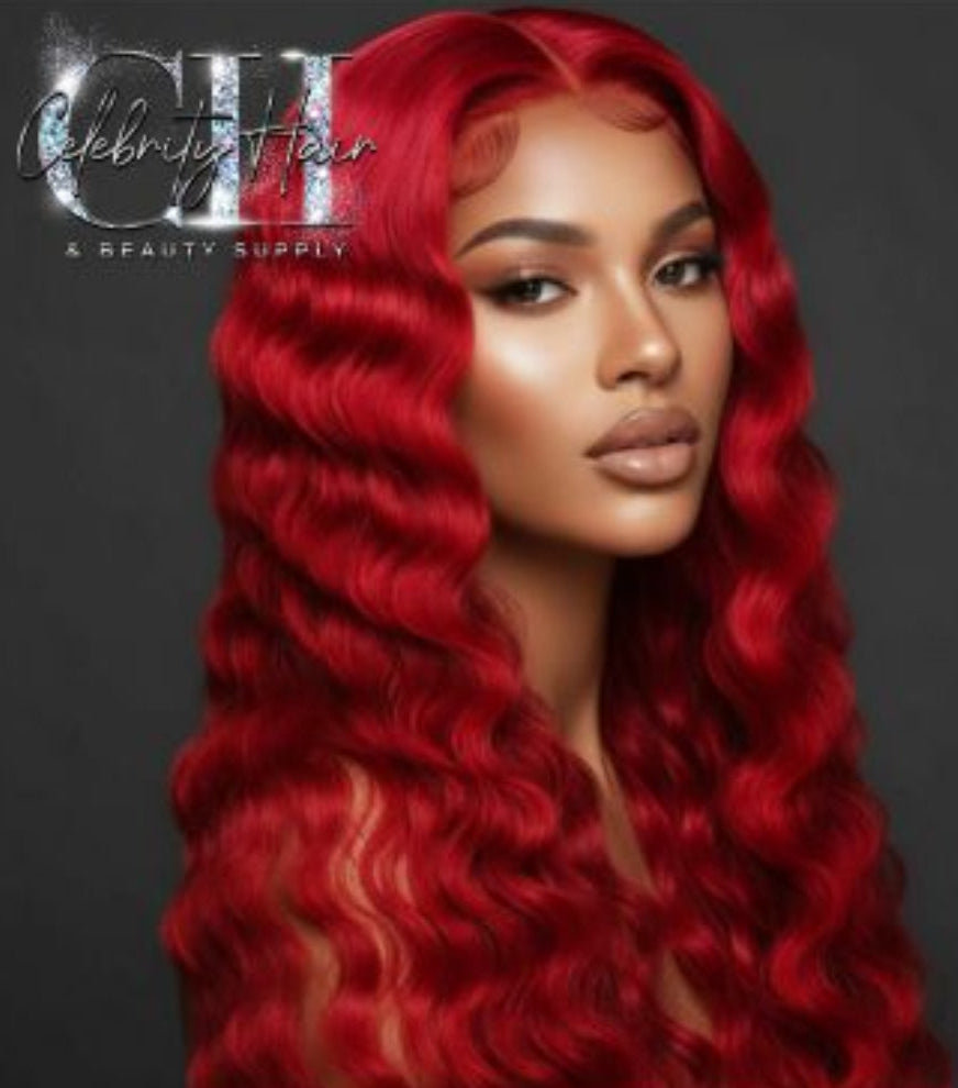 Red Deep Wave Human Hair Wig 28 Inch 13x4 Transparent Lace Front.