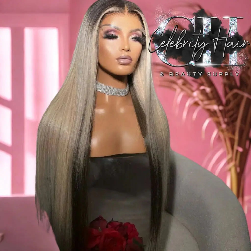 Charming Ash Blonde Wavy Lace Front Wig With Dark Roots 30 Inch
